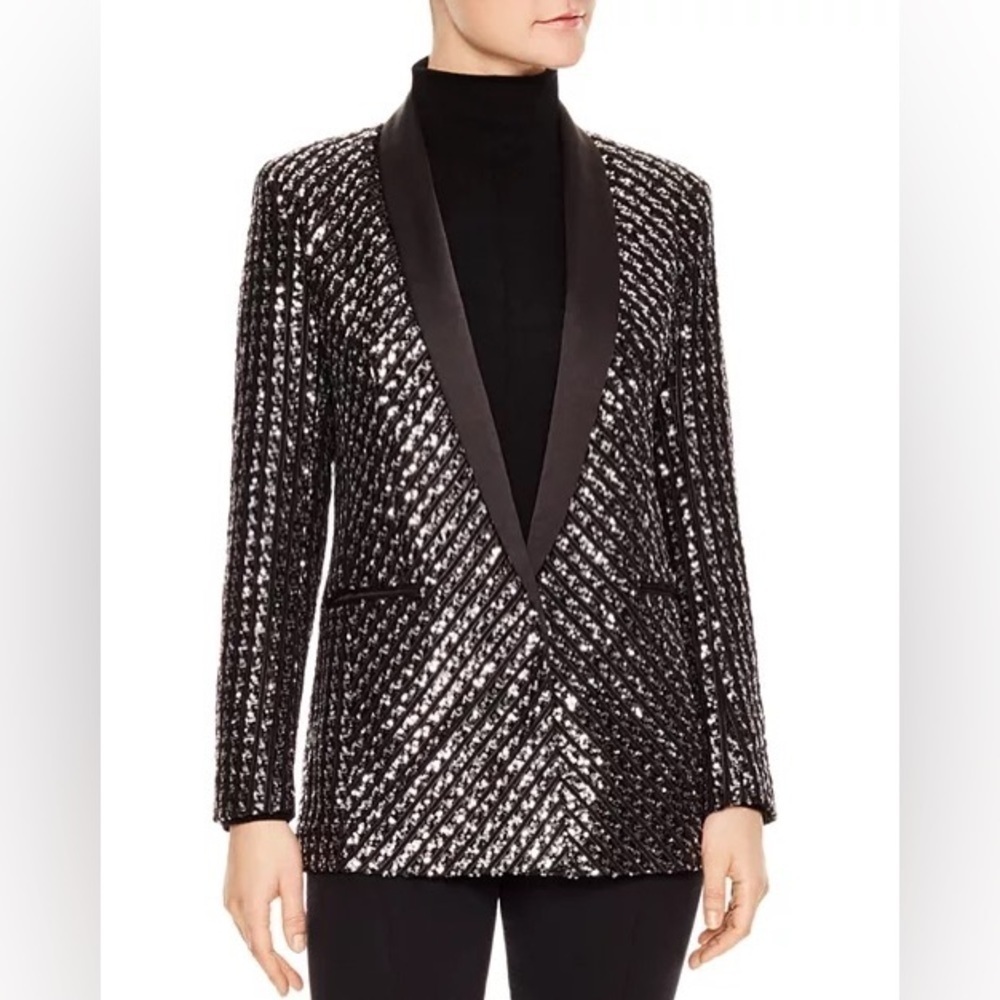 Sandro Paris Black Sequin Blazer Size 36 US Small Tuxedo Satin Lapel Jacket